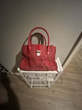 Dooney & Bourke Red Monogram Canvas Satchel with Silver Hardware